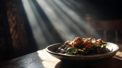Warm Steaming Dish on Rustic Wooden Table in Dramatic Light