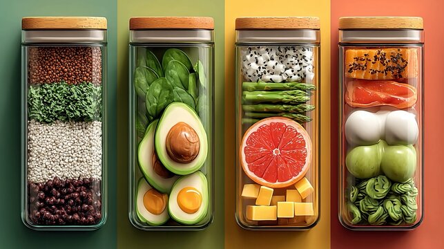 Meal prep graphics featuring portioned containers, healthy ingredients, and cooking visuals, ideal for nutrition, fitness, and planning