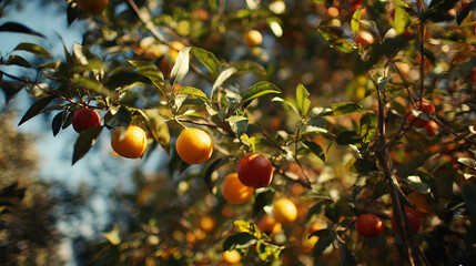 Ripe Orange and Red Fruits on a Branch