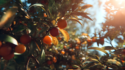 Closeup of Ripe Orange and Red Fruits on a Branch in Sunlight