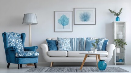 white and blue living room with sofa armchair lamp posters no logos no brands ar 169