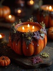 mangkuk permen halloween yang meriah dengan labu dan lilin