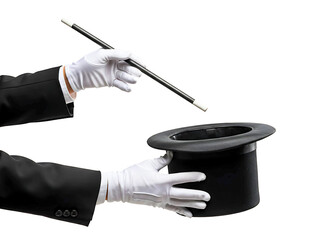 Magician s hands in white gloves holding a top hat and wand isolated on transparent background