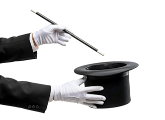 Magician s hands in white gloves holding a top hat and wand isolated on transparent background