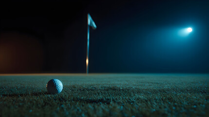 Golf Ball on Putting Green at Night under Blue Light
