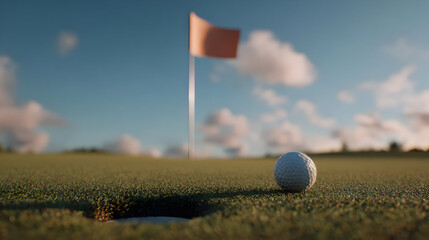 Golf Ball on Putting Green Near Hole with Flag in Background