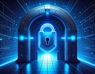 Futuristic archway, glowing blue, padlock symbol at center, digital circuit background