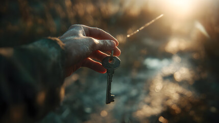 Person Holding Antique Key Outdoors in Sunlight
