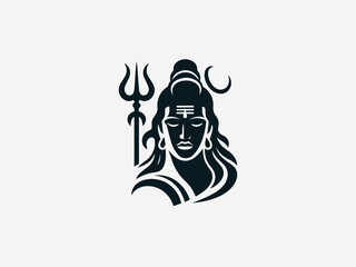 A bold black silhouette of Lord Shiva with a flowing mane and a powerful trident on a clean white background