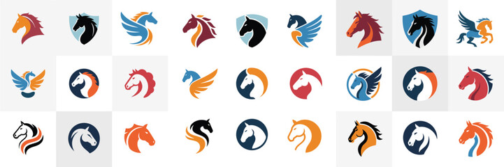 Collection of Horse and Pegasus Logo Designs with Varied Colors and Styles Set