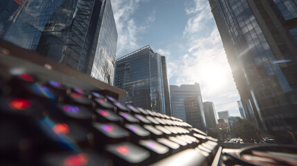 Low Angle View of Cityscape with Keyboard in Foreground