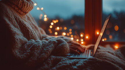 Person in sweater working on laptop by window. Suitable for remote work, freelance, cozy workspace concepts in design or marketing.