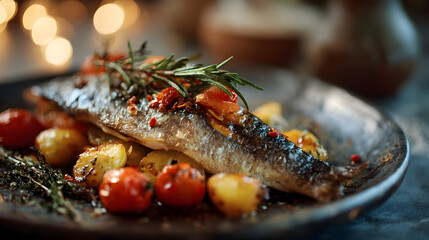 Roasted Fish with Potatoes and Tomatoes Dinner Plate