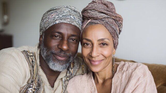portrait of mid adult happy african american couple hugging at home while sitting on couch portrait of mature man with his woman wearing traditional turban looking at camera black mid adult couple  n