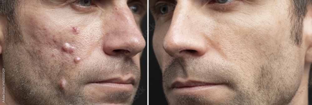 Poster man experiencing skin condition transformation showcasing acne before and after treatment in a clear