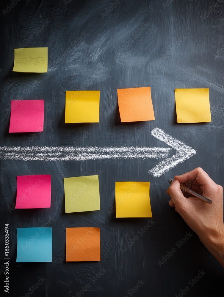Poster hand drawing arrow on a blackboard with sticky notes labeled chaos order flow and progress concept o