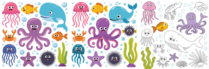 Fototapeta premium Colorful Cartoon Sea Creatures Illustration Featuring Whale, Octopus, Jellyfish, Crab, Starfish, Seaweed and Underwater Bubbles