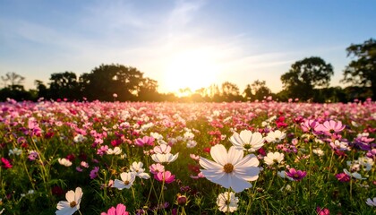 Sunset Cosmos Flower Field.