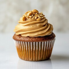 A decadent peanut butter cupcake with creamy peanut butter frosting 