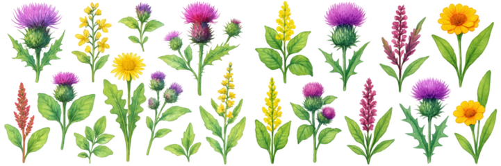 Colorful collection of wildflowers, featuring vibrant purple, yellow, and pink blooms against green leaves.