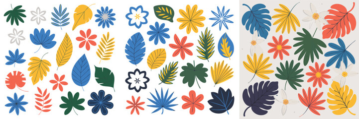 Obraz premium Colorful Flowers and Leaves Set Botanical Elements in Blue, Yellow, and Red Hues
