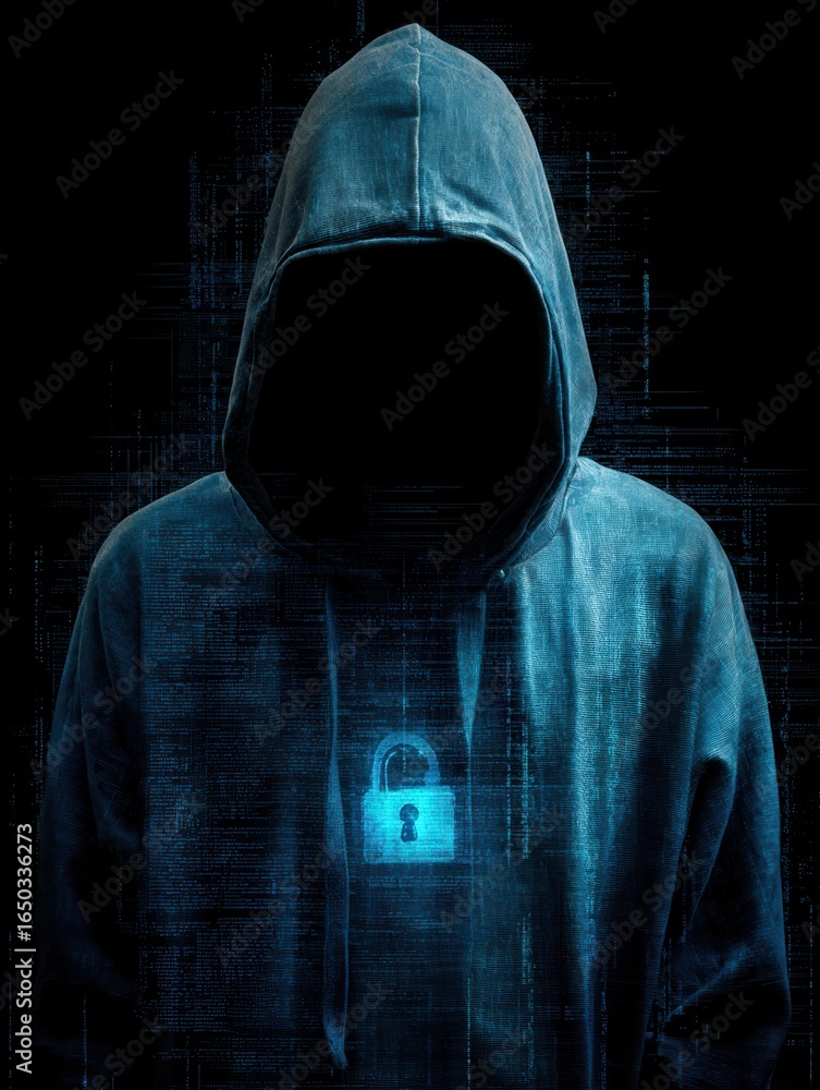 Aufkleber anonymous figure in a blue hoodie with the hood up face in shadow a glowing blue padlock icon on the