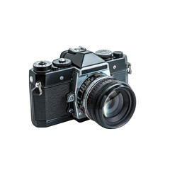 Vintage 35mm SLR camera, black and silver, front view