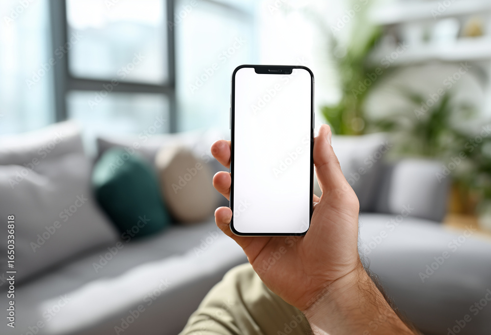 Poster top view mockup image hand using a smartphone man holding cell phone with blank screen