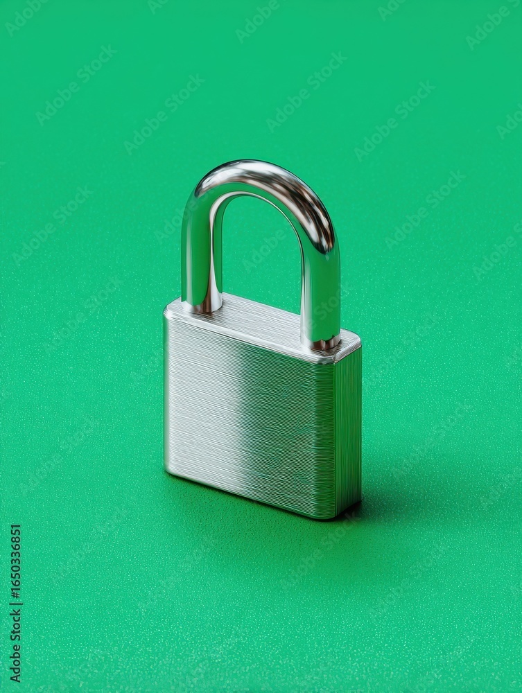 Poster minimal silver padlock isolated on green background representing sleek secure access design emphasiz