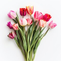 Fototapeta premium A bouquet of tulips in various shades of pink, red, and orange, arranged on a white background