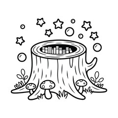 Whimsical Tree Stump with Stars and Leaves – Nature-Themed Coloring Page for All Ages, Easy, line art vector illustration