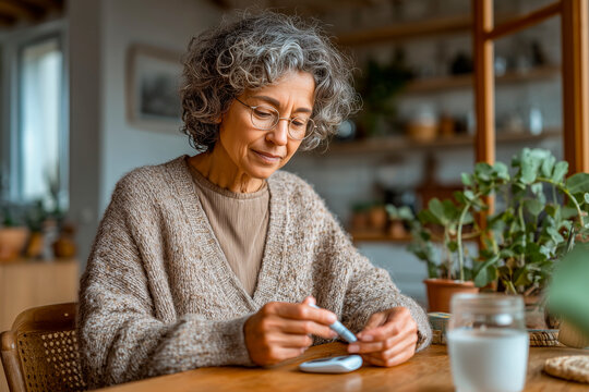 Senior woman checking blood glucose level at home using lancet and glucometer