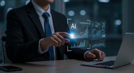 Businessperson interacts with holographic ai data visualizations.