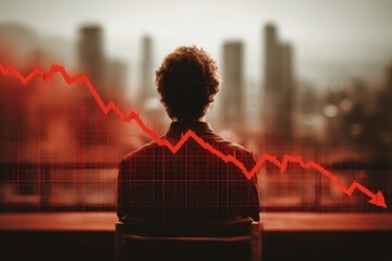 Person in Back View Reflecting in Empty Boardroom with Cityscape and Declining Graph Data