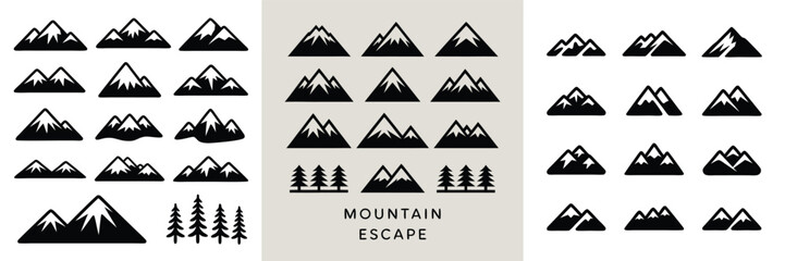Mountain Peak Icon Collection Black Silhouette Graphics Featuring SnowCapped Mountains and Evergreen Trees