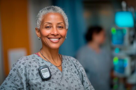 Patient wearing continuous glucose monitoring smiling in hospital room