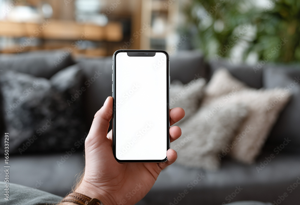 Poster top view mockup image hand using a smartphone man holding cell phone with blank screen