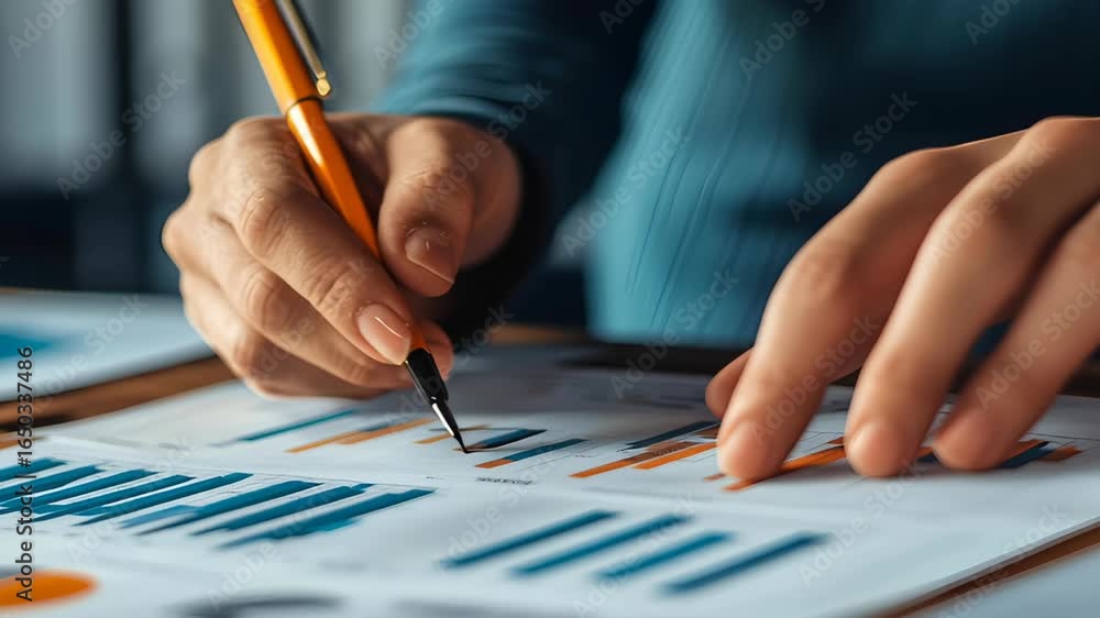 Poster financial report analysis with pen and hand pointing on detailed business charts, graphs, and bar gr