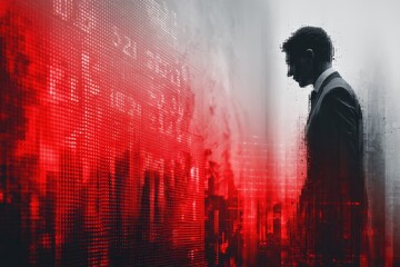 Businessman Silhouette in Front of Digital Stock Ticker Display with Abstract Red Colors