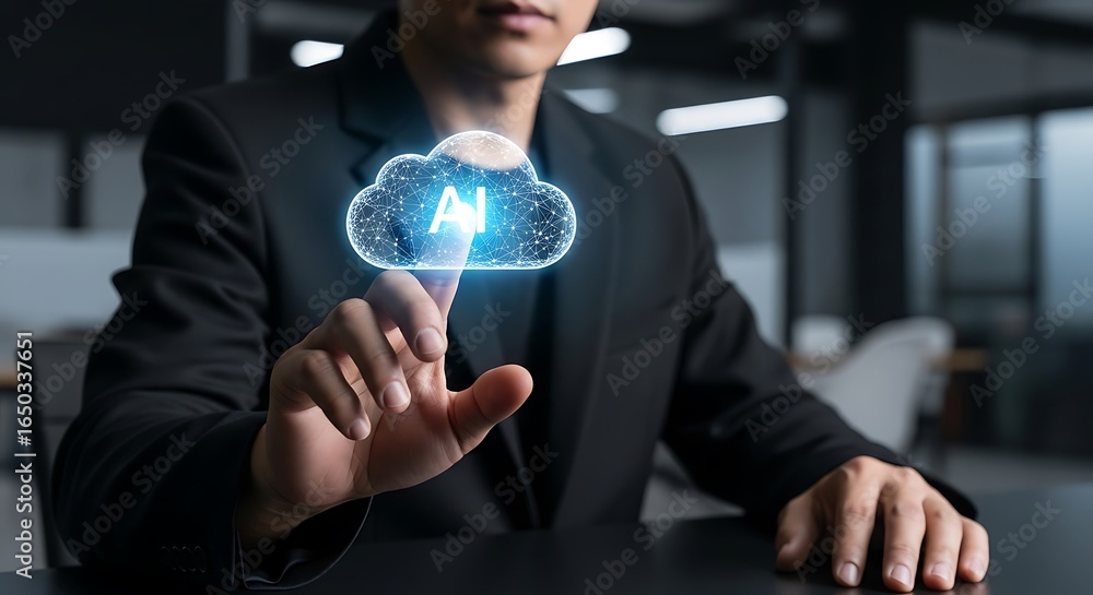 Aufkleber a person interacts with a holographic cloud-based ai interface.