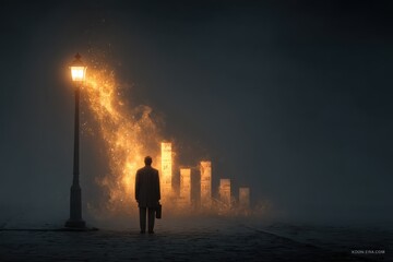 Businessman Standing Alone Under Streetlight with Layered Fog and Dramatic Lighting Effects