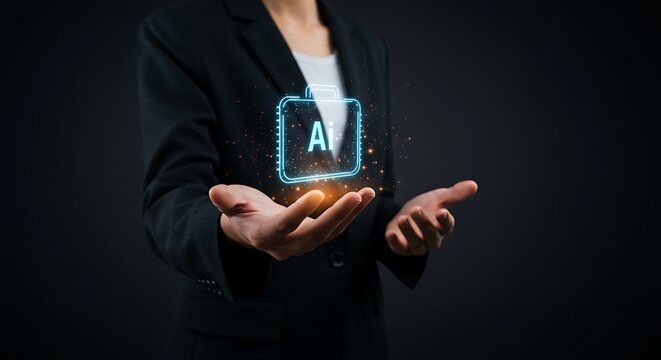 Person holding a holographic ai briefcase.