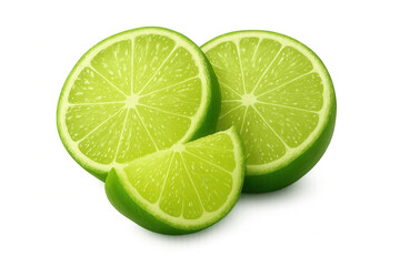 Lime slices displaying bright green rind, revealing pulpy interior on crisp transparent surface