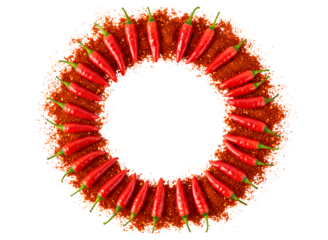 Circular arrangement of small red chili peppers and chili powder isolated on transparent background