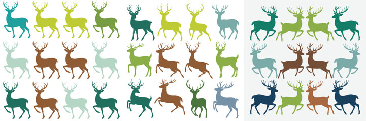 Naklejka premium Repeating Pattern of Colorful Deer Silhouettes on White Background, Three Rows, Various Shades