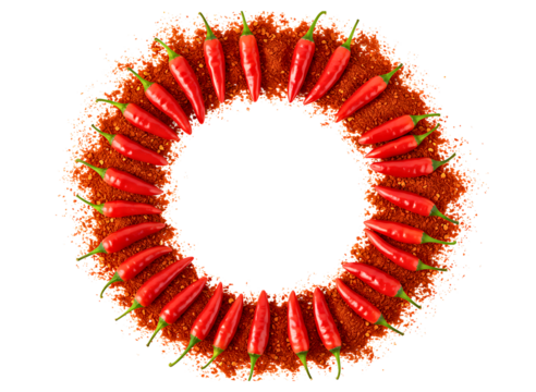 Circular arrangement of small red chili peppers and chili powder isolated on transparent background