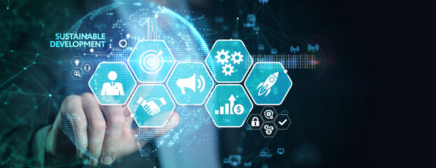 SUSTAINABLE DEVELOPMENT inscription, cloud technology concept. Business, Technology, Internet and...