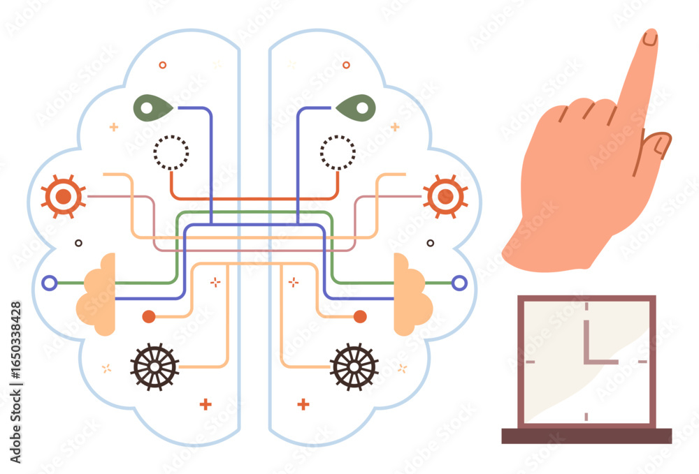 Poster brain with colorful neural pathways, pointing hand gesture, and clock design. ideal for creativity, 