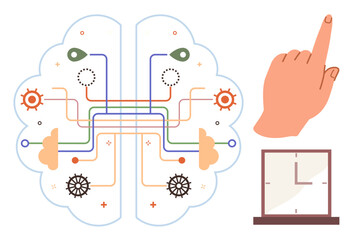Brain with colorful neural pathways, pointing hand gesture, and clock design. Ideal for creativity, productivity, decision-making, time management, innovation focus learning. Simple flat metaphor