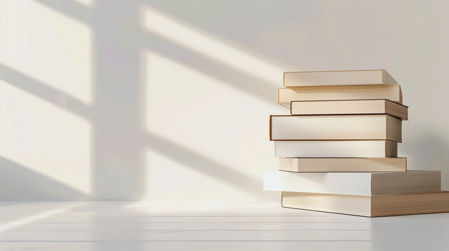 Stack of blank books in sunlight on white table
 - Powered by Adobe